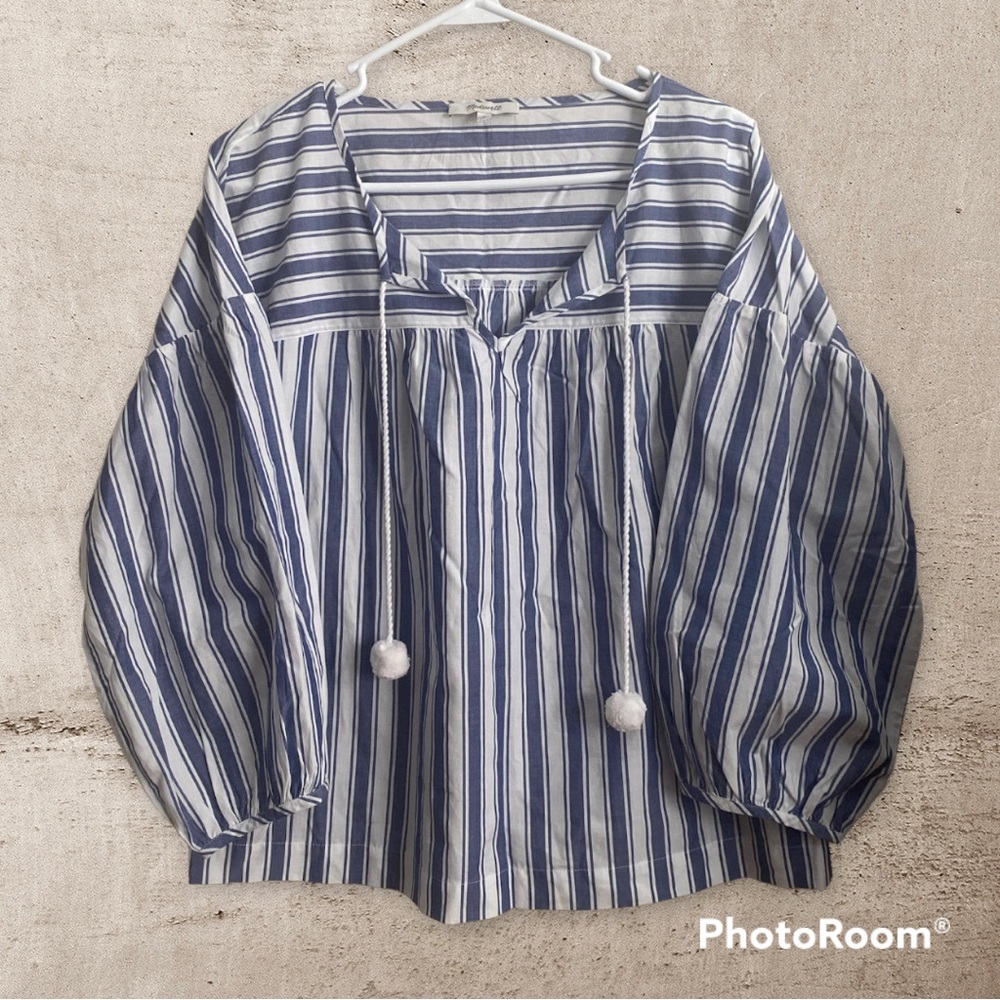Like New Madewell Blue & White Stripe Peasant Top w/ Balloon Sleeves Sz Medium